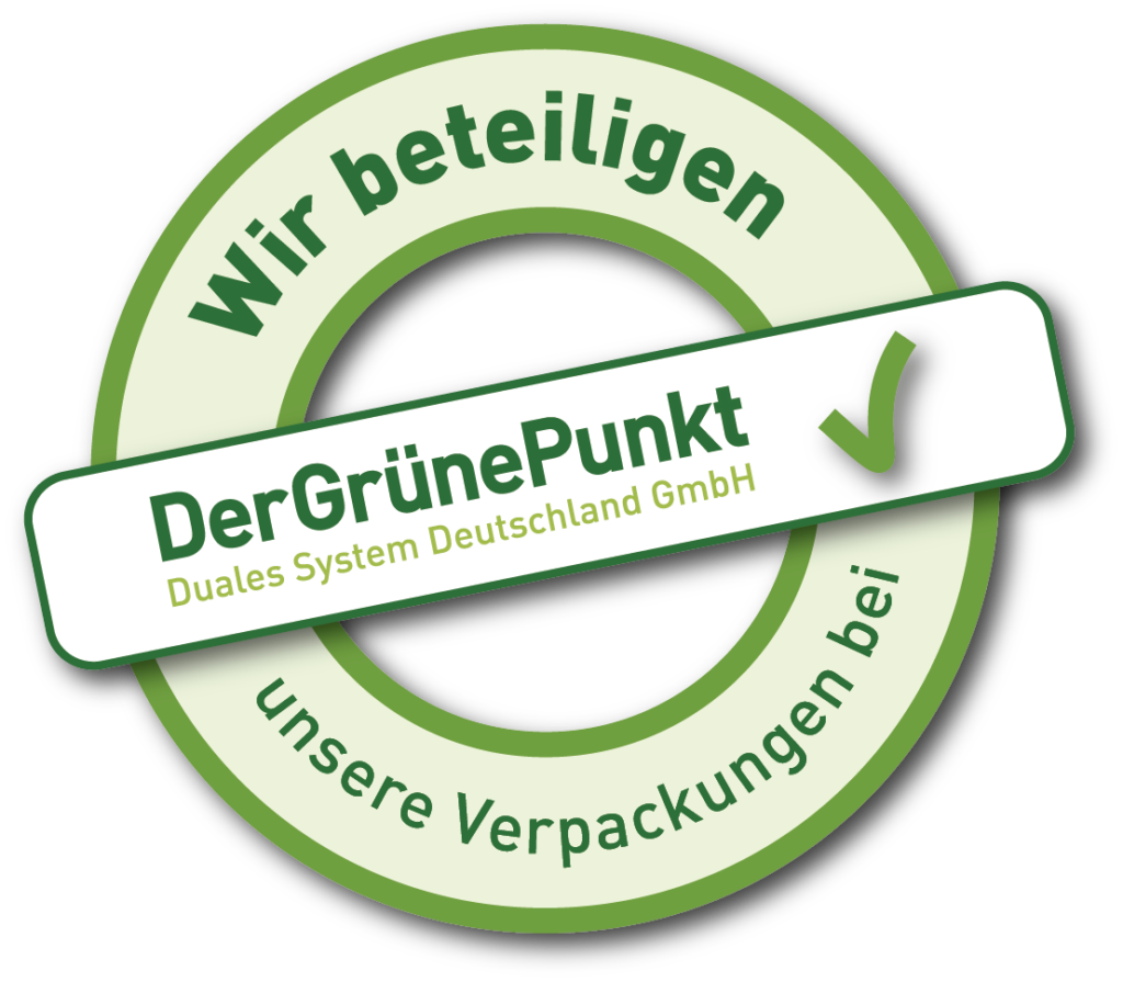 Wir beteiligen uns am Dualen System Deutschland "Der Grüne Punkt".
Außerdem sind wir beim Verpackungsregister LUCID registriert: DE4830230122894